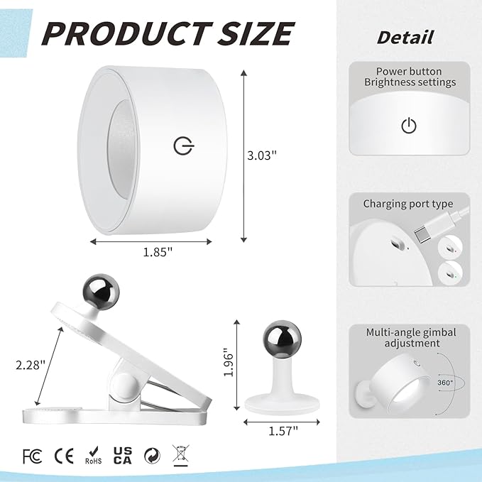 Adetu LED Wall Mounted Lights, Rechargeable Wall Sconces Lamp, 3 Color Temperatures & Remote, Magnetic Clamp Light 360° Rotation Dimmable Cordless Wall Lights for Living Room Bedside (1 Pack, White)