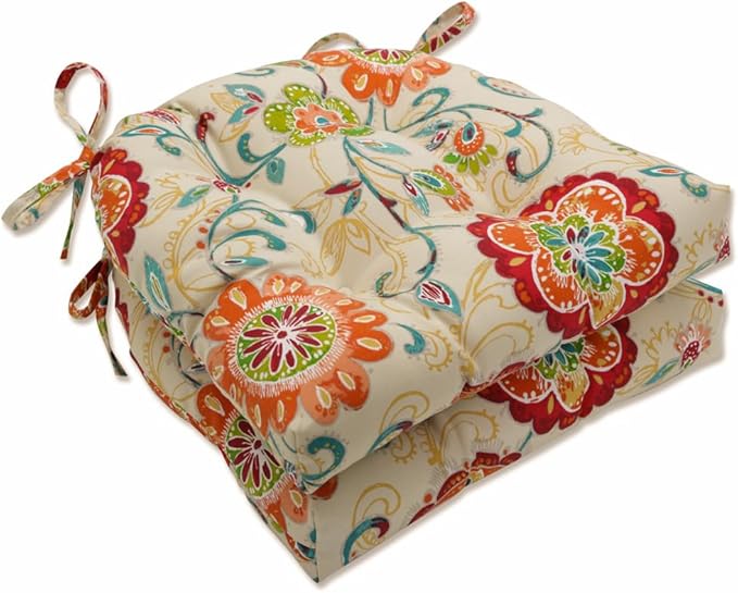 Pillow Perfect Bright Floral Indoor/Outdoor Chairpad with Ties Reversible, Tufted, Weather, and Fade Resistant, 15.5" x 16", Tan Fanfare 2 Count