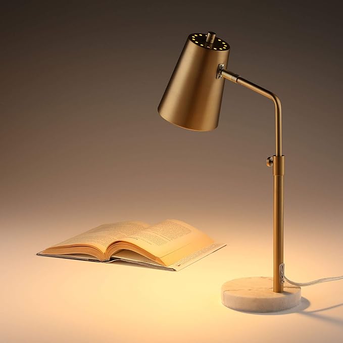 VONLUCE Table Lamp with LED Bulb, Vintage Gold Desk Lamp with Marble Base & Brass Shade, Mid Century Modern Reading Light for Office, 20" Industrial Table Task Lamp for Reading Bedroom Nightstands