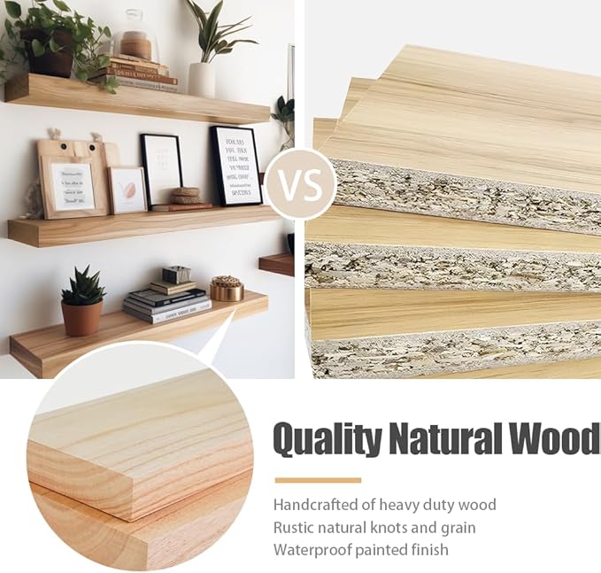 Habudda Floating Shelves, Wood Wall Shelf, Natural Wooden Home Decor for Bathroom Kitchen Bedroom, Hanging Mounted Invisible Bracket, Extra Long 35.5 Inch, Set of 2