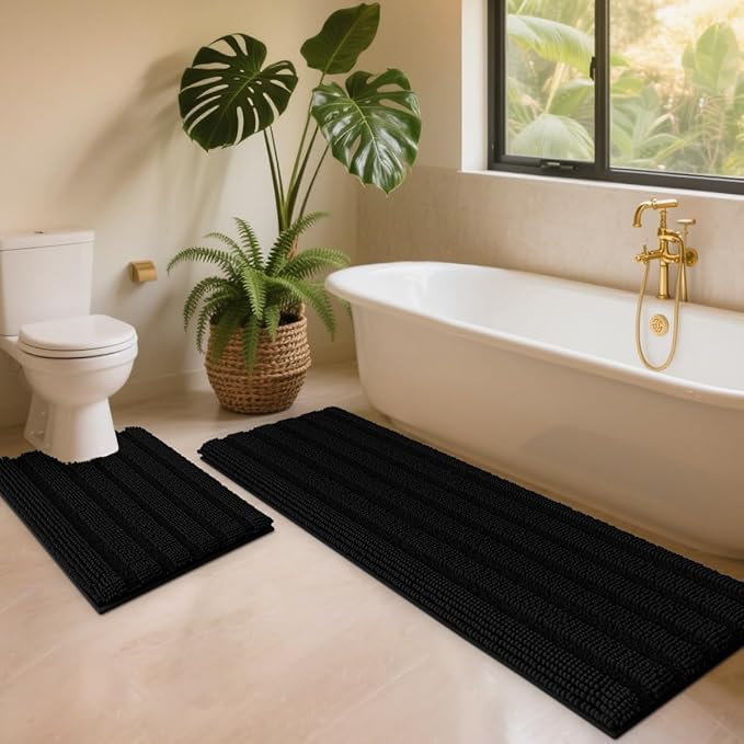 ACCUMTEK Striped Black Toilet Bathroom Rug Mat Set 2 Piece Rug Ultra Soft, Non Slip Chenille Bath Rugs, Absorbent Plush Shaggy Bath Mats for Bathroom, Bedroom, Kitchen, Shower, Tub