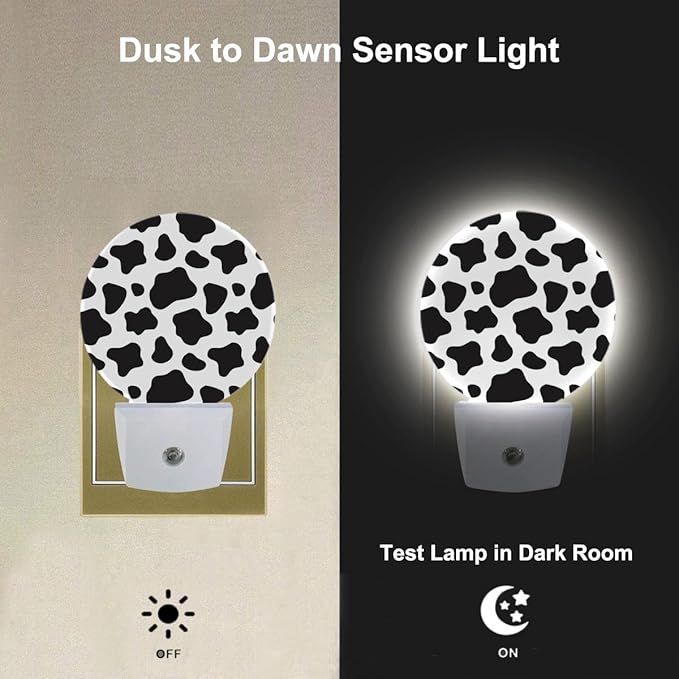 Cow Print Night Lights Plug into Wall Black White Dots Animal Skin Farmhouse Night Lamp Auto on/Off Dim Light Sleep Friendly for Family Friends Holiday Gifts & Home Decor