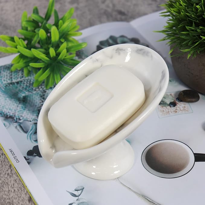 Self-Draining Soap Dish White Marble Ceramic Soap Holder Stand Style Waterfall Soap Dish Soap Savers for Bar Soap, for Bathroom, for Shower, for Bar Counter