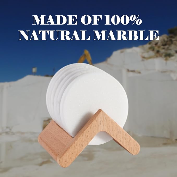 Koville Round Marble Coasters Set of 6 for Coffee Table, 3.9" Inches Handmade Coaster, Luxury Aesthetic Modern Drink Coaster for Table Décor Home Décor, White Cup Coasters for Dining, Bar or Office