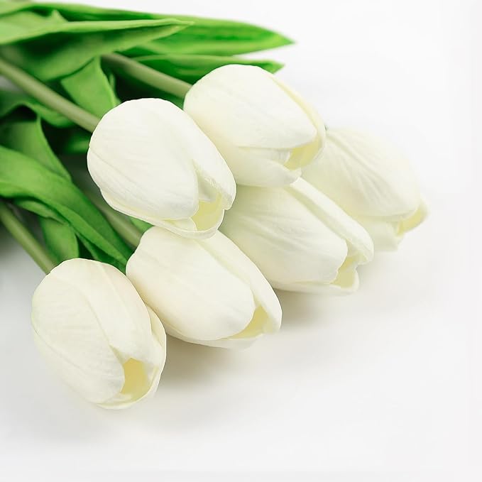 Beferr 10pcs White Tulips Artificial Flowers Faux Silk Tulip Real Touch Tulip Fake Flowers Bouquets Arrangements for Mothers Day Spring Easter Wedding Flowers Gifts Home Table Decor