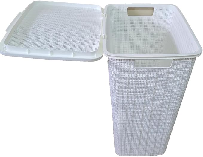 YBM Home Plastic Rattan Laundry Hamper Basket with Hinged Lid, Ventilation Holes, Durable, Lightweight Bin With Cutout Handles, Storage Dirty Clothes, Space Saver, 16.75" x 13.5" x 23.75", White