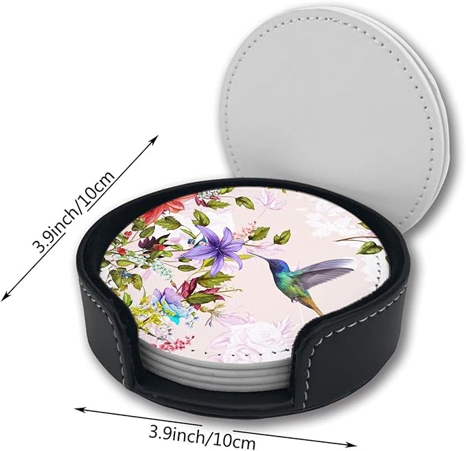 Hummingbirds Bird Flower Coasters for Drinks with Holder Leather Coasters Set of 6 Table Decor Protect Furniture from Water Marks Scratch and Damage