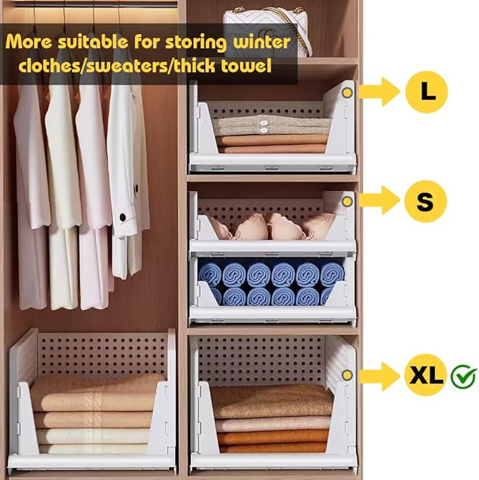XL Stackable Plastic Storage Basket, 4 Packs closet storage bins for clothes sweater organizer for closet Folding closet organizers and storage Closet Shelf Storage Container for Cupboard Bedroom 4XL