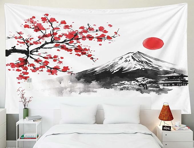 EMMTEEY Mountain Tapestry Wall Art for Bedroom 60X50 Inch-Ink Red Flowers and Fuji Mountain Durable Hanging Tapestry for Living Room