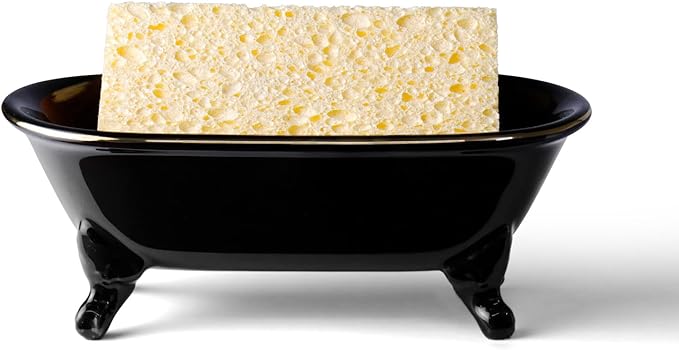6.5" Ceramic Mini Decorative Clawfoot Bathtub Bar Soap Dish, Kitchen Sponge Holder and Shower Tray for Bathroom, 1 Pack (Black Gold Rim)
