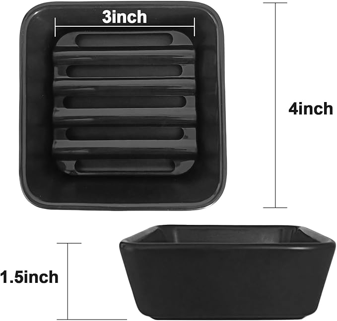 Ceramic Soap Dish with Drainer, Square Soap Holder for Bathroom, Shower, Kitchen Sink - Soapbox Saver Tray Dr. Squatch Bar Container Keeps Dry, Easy to Clean, Compact & Stylish (1, Black)