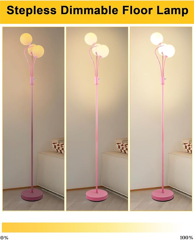 Lightdot Pink Floor Lamp for Girls Room Stepless Dimmable Globe Standing Lamp with 3Pcs 3000K G9 Bulbs Modern Design & Stable Base Mid Century Floor Lamps for Living Room/Bedroon