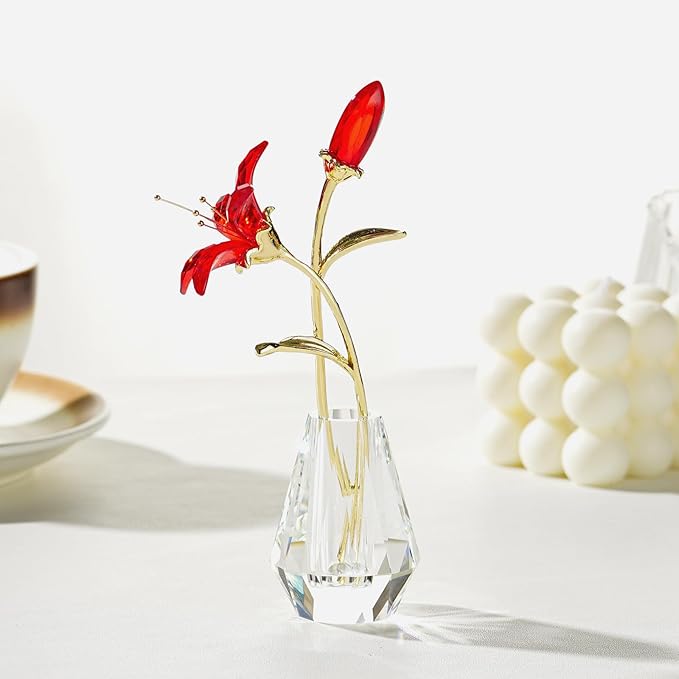Crystal Lily Figurine, Glass Flowers with Stem,Flower Collectible Gifts for Woman, Wedding Party Decor(Red)
