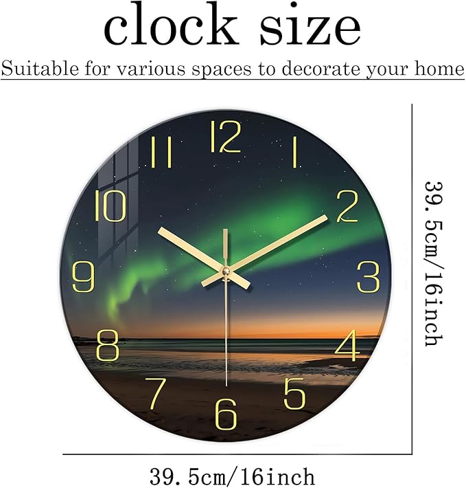 Coastal Large Wall Clocks for Living Room Decor 16 Inch Teal Glass Battery Wall Clock Modern Round Silent Wall Clock Non Ticking