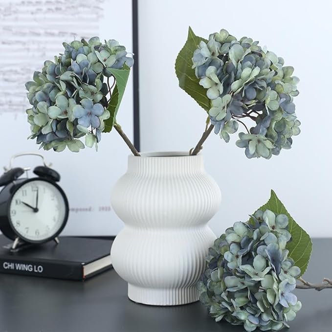 Kimura's Cabin Fake Flowers 6pcs Artificial Silk Hydrangea Flower Bouquets Faux Hydrangea Stems for Home Wedding Party Table Core Autumn Garden Halloween Decoration (Deep Lake Blue, Pack of 6)