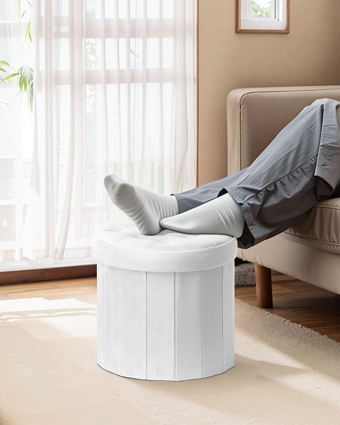 Ottoman with Storage, Foot Rest Stool with Thicker Foam Padded Seat Velvet Small Round 14“ x 14” x 13 "Inchs Storage Ottoman Bench for Living Room Foldable Pouf Coffee Table 2 Pack, White