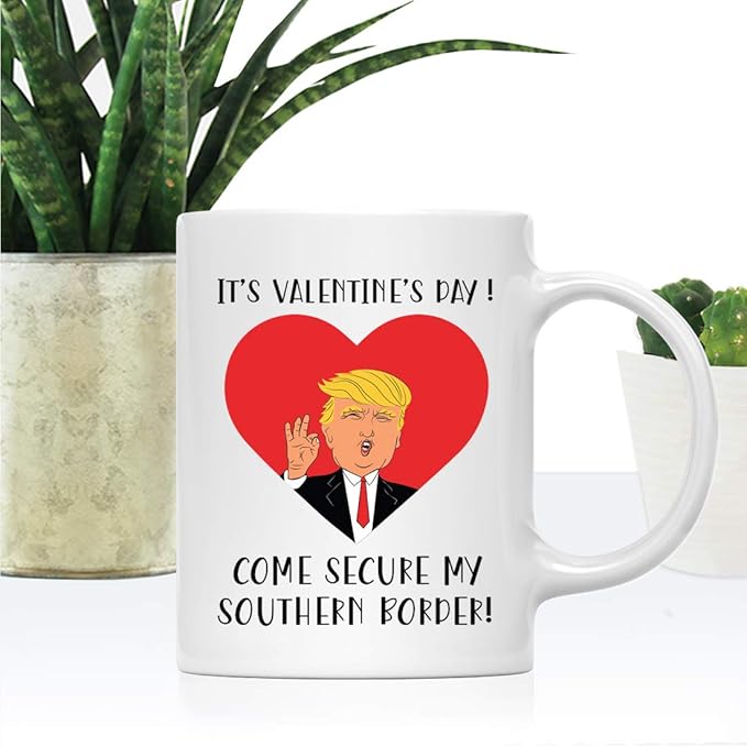 Andaz Press Valentine’s Day Funny 11oz. His Her Couples Coffee Mug Gift, It's Valentine's Day! Come Secure My Southern Border!, Heart Donald Trump Graphic, 1-Pack, Gift Box