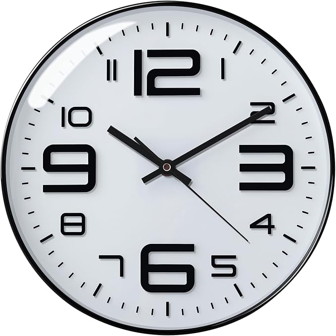 Plumeet Wall Clock, 12'' Bedroom Wall Clocks Battery Operated, Silent Quartz Clock Decorate Kitchen Living Room, 3D Numbers Display Easy to Read, White