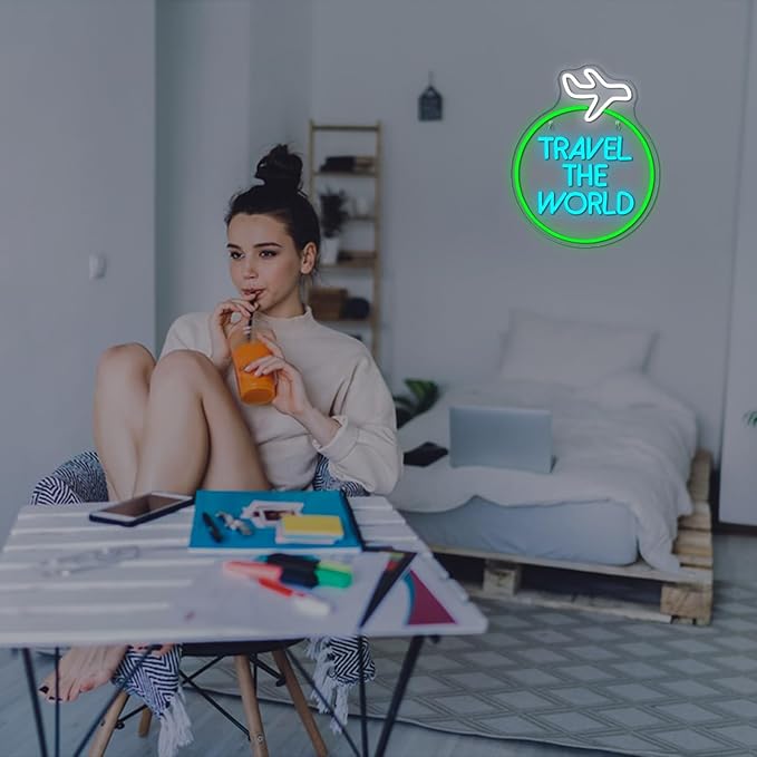 Lucunstar Travel the World Neon Sign Green Neon Lights White LED Sign Airplane Neon Signs for Wall Decor LED Lights Neon Light Sign for Bedroom Bar Man Cave Neon Wall Signs for Teen Neon Rope Light
