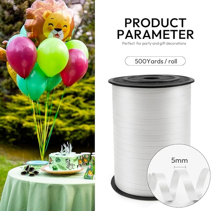 500 Yards Curling Ribbon with Spool, 1/5" Wide Crimped Texture Curling Ribbons - Perfect for Gift Box Wrapping, Florist Flowers, Birthday Party Decorations, Balloon String Ribbon in White