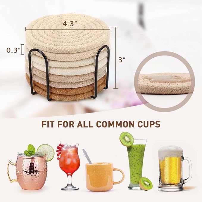 Boho Coasters Set of 8 for Drinks,4 Colors Absorbent Drink Coasters with Metal Holder, Cotton Woven Coaster, Minimalist Cup Coaster Set for Home Decor,Table Protection, Housewarming Gift (4.3 Inch)