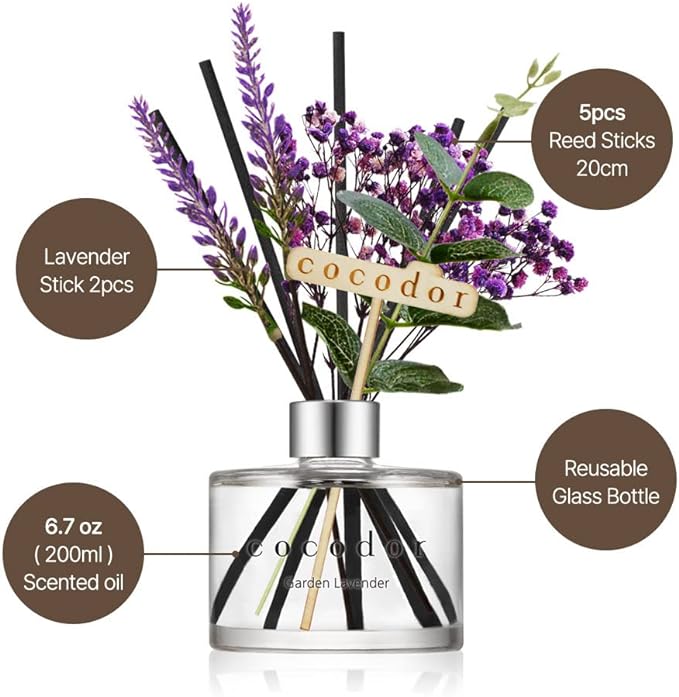 COCODOR Lavender Reed Diffuser/White Jasmine/6.7oz/1Pack / Home Fragrance Scent Essential Oil Stick Diffuser for Bedroom Bathroom Home Décor
