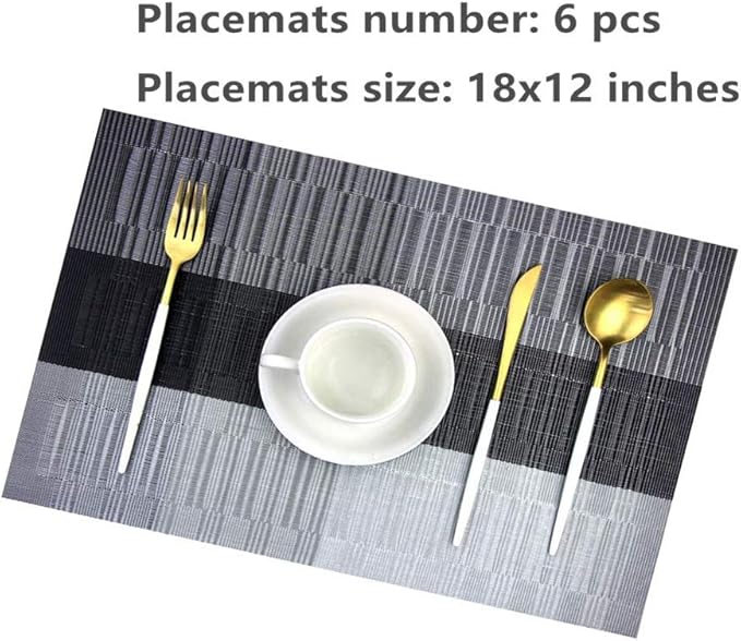 Placemats with Table Runner Set Place Mats, Woven Crossweave Vinyl Kitchen Tablemat, Washable PVC Table Mats for Dining Table, Parties, Farmhouse, Thanksgiving, Christmas & Gathering (Silver & Black)