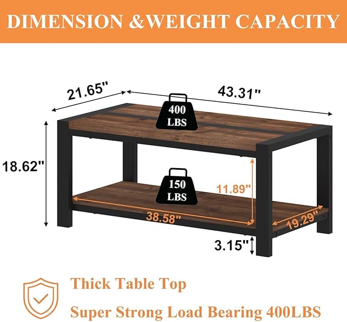BON AUGURE Coffee Table for Living Room, Industrial Wood and Metal Living Room Tables, Farmhouse Rectangular Center Table (Rustic Oak, 43 Inch)