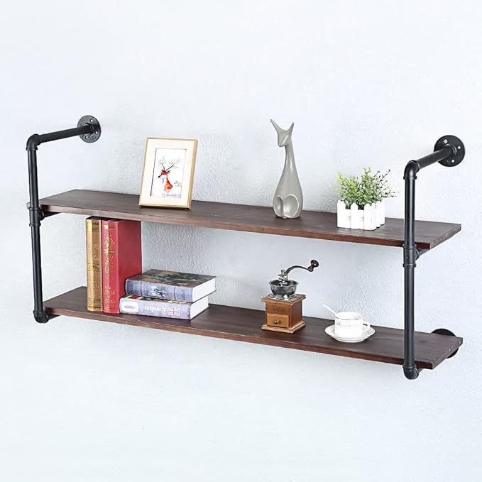 Industrial Pipe Shelving Wall Mounted,48in Rustic Metal Floating Shelves,Steampunk Real Wood Book Shelves,Wall Shelf Unit Bookshelf Hanging Wall Shelves,Farmhouse Kitchen Bar Shelving(2 Tier)
