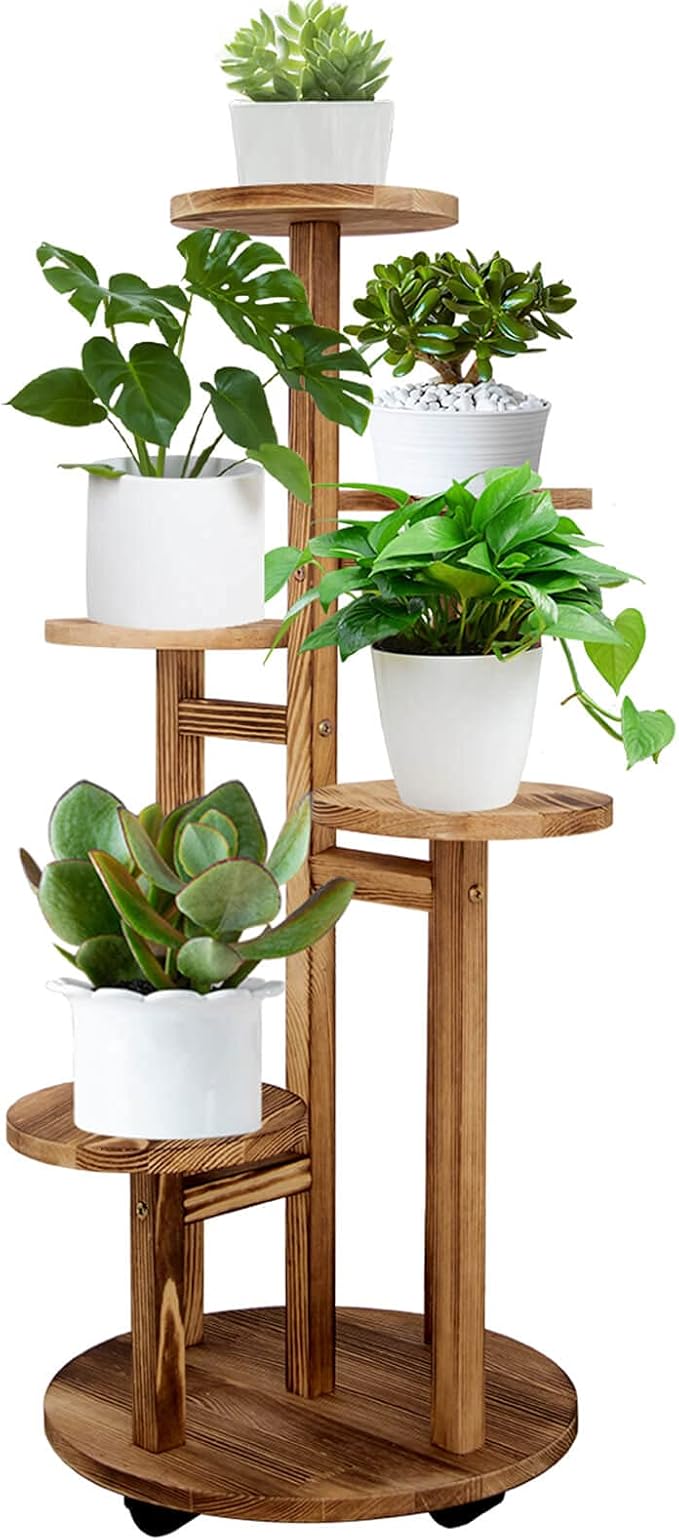 GEEBOBO 5 Tiered Tall Plant Stand for Indoor, Wood Plant Shelf Corner Display Rack, Multi-tier Planter Pot Holder Flower Stand for Living Room Balcony Garden Patio (Walnut)