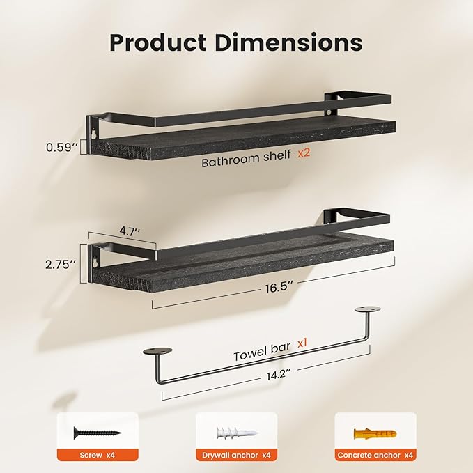 AMADA HOMEFURNISHING Floating Shelves, Wall Shelves for Bathroom, Kitchen, Bedroom, Bathroom Shelf with Towel Bar, Decor Shelves Set of 2, Black - AMFS01B
