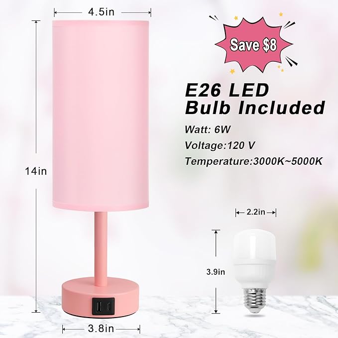 Hong-in Pink Table Lamp with USB-C and USB-A Charging Ports, Pull Chain, Nightstand Lamp for Bedrooms Living Room, LED Bulb Included