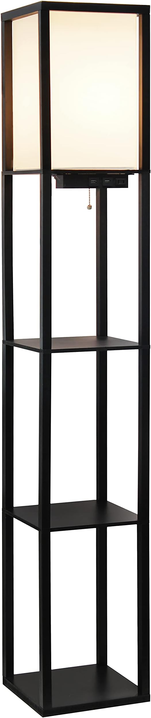 Simple Designs LF1037-BLK Floor Lamp Etagere Organizer Storage Shelf with 2 USB Charging Ports, 1 Charging Outlet and Linen Shade, Black
