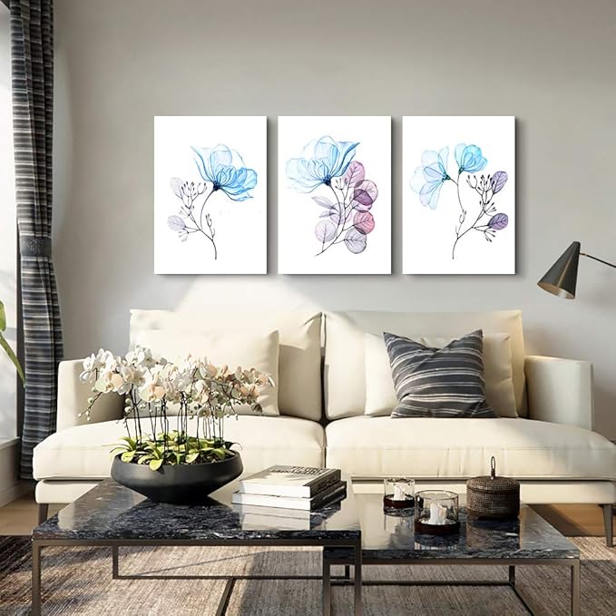 Modern blue flowers Canvas Wall Art for bedroom Living Room,Bathroom Wall Decor,3 Panels Wall Painting Home Decoration kitchen Canvas Print Abstract watercolor flowers and leaves artwork wall mural