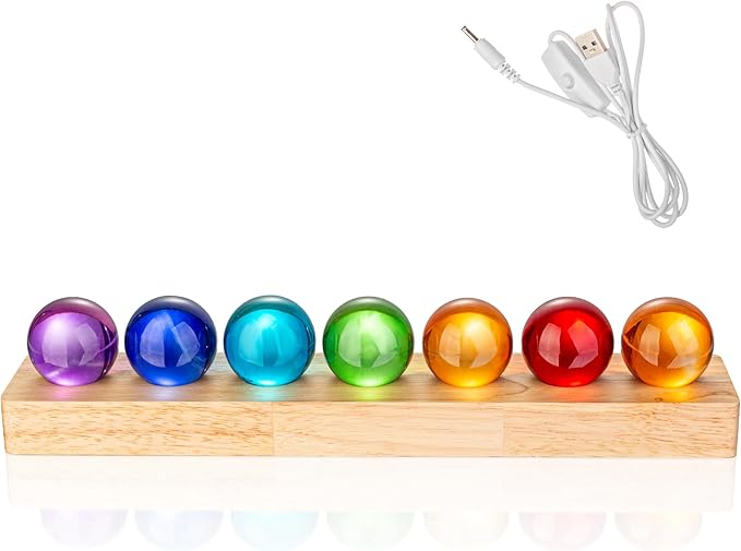 7pcs 40mm Multicolor Crystal Solid Ball Glass Spheres with LED Wooden Base Night Light Decoration Healing Sphere Balls with Stand for Home Living Room - Decorative Balls for Dinner Party Centerpiece