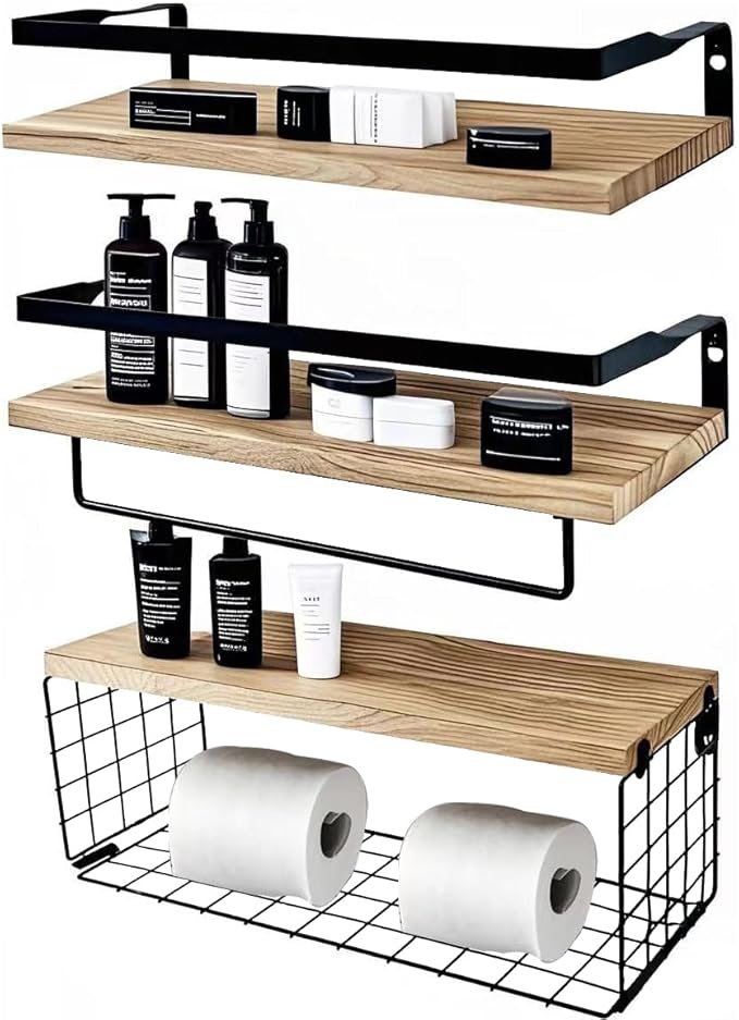 Floating Shelves Bathroom,Set of 3 Wall Mounted Shelves with Storage Baskets,Wall Shelves for Bathroom Wall Organizer,Over Toilet