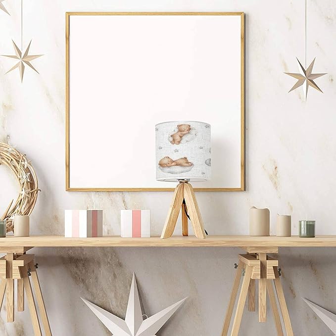 Wooden Tripod Nightstand Lamp Small Bedside Table Lamp with Light Bulb Adjustable Seamless Teddy Bears Clouds Moon Stars Watercolor Hand Drawn White Light Cute Desk Lamps for Nursery Bedroom