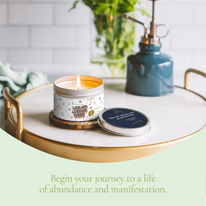 Magnificent 101 Life of Luxury Vibes 6-oz. Candle in Tin Holder; 100% Natural Soy Wax with Sage, Cinnamon & Citronella Essential Oils for Aromatherapy, Meditation, Home Energy Cleansing; Great Gift