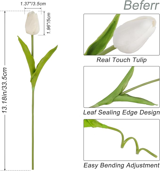 Beferr White Tulips Artificial Flowers 18Pcs Faux Silk Tulip Real Touch Tulip Fake Flowers Bouquets Arrangements for Mother's Day Easter Spring Flowers Gifts Home Table Decor