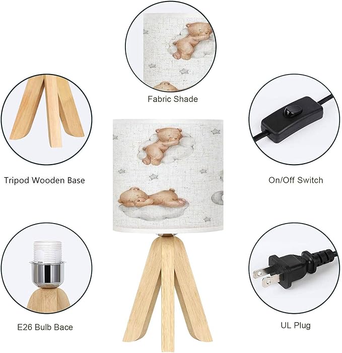 Wooden Tripod Nightstand Lamp Small Bedside Table Lamp with Light Bulb Adjustable Seamless Teddy Bears Clouds Moon Stars Watercolor Hand Drawn White Light Cute Desk Lamps for Nursery Bedroom