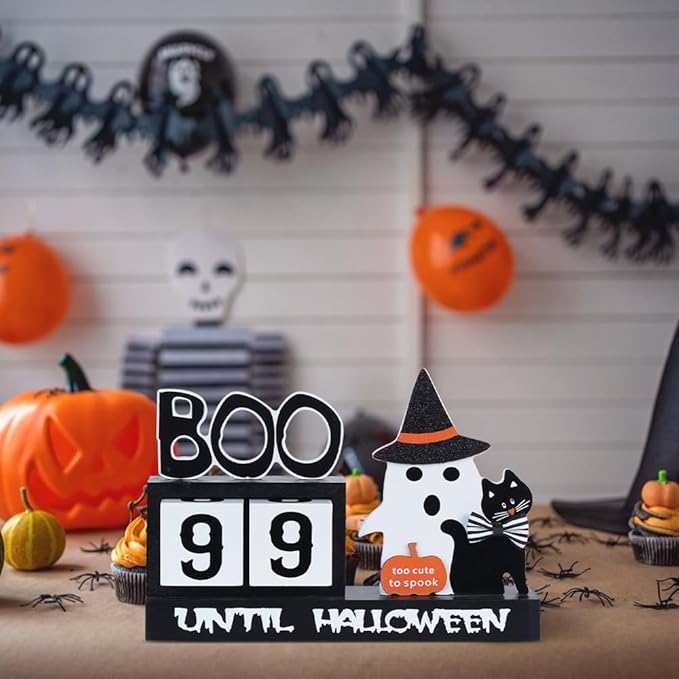 Halloween Decorations Indoor, DECSPAS Wood Halloween Countdown Calendar Halloween Decor, Two Movable Numeral Blocks for Counting 99 Days to Halloween, Ghost Ornaments Boo Sign Halloween Room Decor