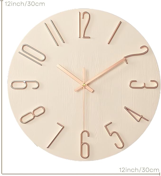 Wall Clock - 12-inch Silent Non-Ticking Battery Powered Decorative Clock, Simple Minimalist Style and Modern Home Wall Clock,for Bedroom,Living Room,Kitchen,Home Office (Beige)