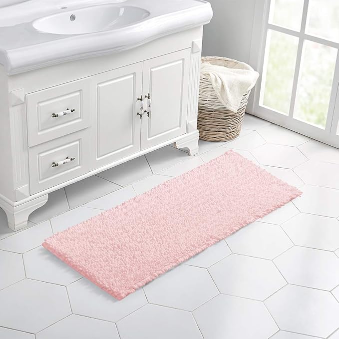 Walensee Bathroom Rug Non Slip Bath Mat (44x24 Inch Blush) Water Absorbent Super Soft Shaggy Chenille Machine Washable Dry Extra Thick Perfect Absorbant Best Large Plush Carpet for Shower Floor