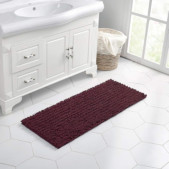 Walensee Bathroom Rug Non Slip Bath Mat (44x24 Inch Burgundy) Water Absorbent Super Soft Shaggy Chenille Machine Washable Dry Extra Thick Perfect Absorbant Best Large Plush Carpet for Shower Floor