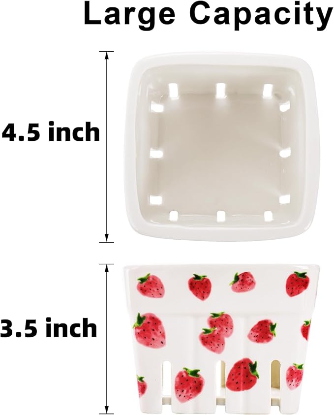 4 Pack Ceramic Berry Basket, Square Fruit Bowls, Kawaii Strawberry Kitchen Bowl Containers, Cute Stoneware Berry Colander Bins for Veggie, Berries, Fruits, Home Decor