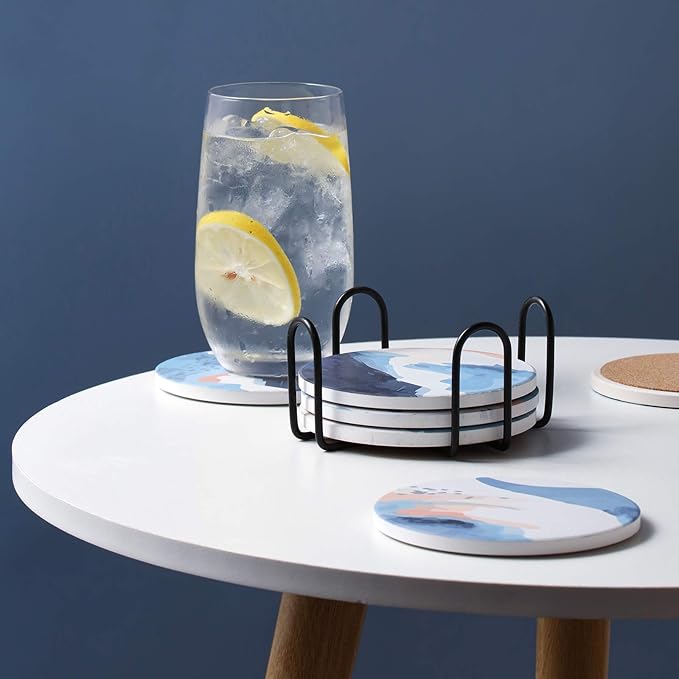 LIFVER Coasters Set of 6 Absorbent Drink Coasters with Holder, Watercolor Marble Sandstone Style Ceramic Cup Mat for Home Decor Coffee Table Protection, 4 Inches