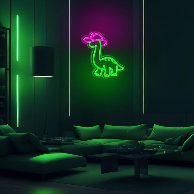 Cowgirl Dinosaur Neon Sign for Wall Decor,Dimmable Cute Dinosaur with Cowboy Hat Neon Light,Green Animal Light Up Signs for Kids Bedroom Dinosuar Theme Party Background Decoration