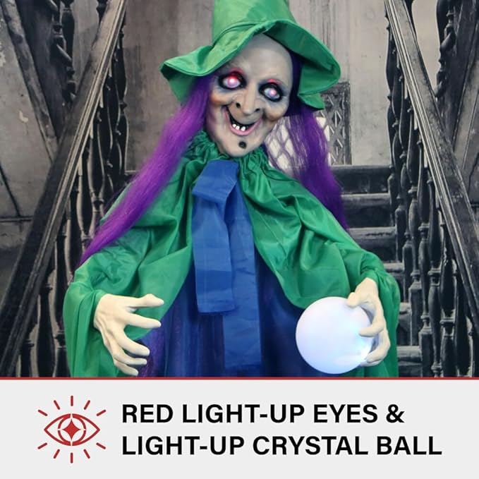 Haunted Hill Farm Talking Fortune Teller Witch Halloween Animatronic with Movement and Light-Up Crystal Ball for Scary Indoor or Covered Outdoor Halloween Decorations, Battery Operated Halloween Props