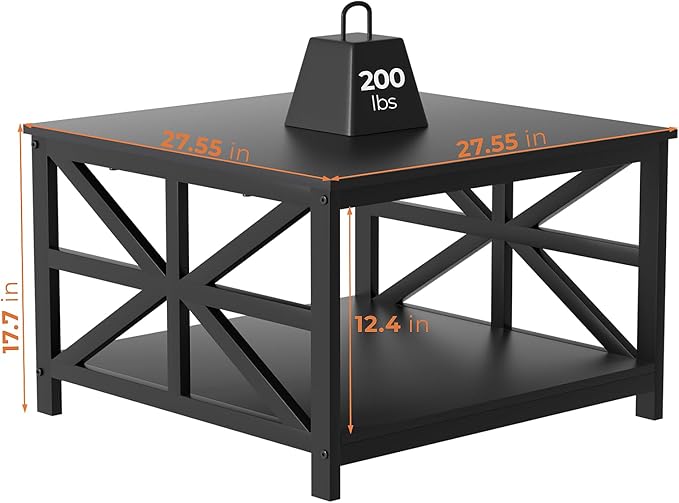 GreenForest Coffee Table with Storage for Living Room, Small Square Center Tables with Seamless One-Piece Tabletop Farmhouse Style, Black