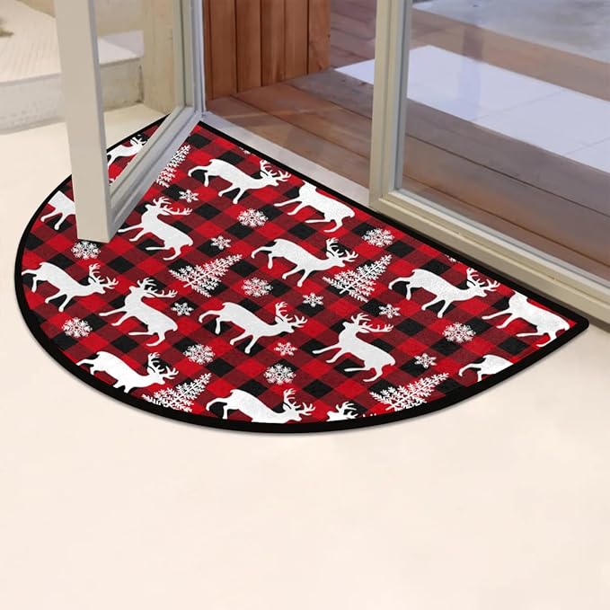 Christmas Half Round Doormat Rug Winter Outdoor Doormat Kitchen Mat for Living Room Fireplace Bedroom Farmhouse Half Moon Christmas Rugs Gifts Animal-Deer